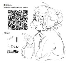 a drawing of a woman pointing at the qr code on her fingernails