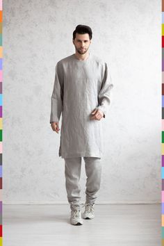 SUPER SALE -50%. Limited quantity. Handmade just for you in 2-5 days. ----------------------------------------------------------- Linen men hijab from linocolore. 100% pure Italian linen. One of the finest linen in the world. Rich silky velvet feeling. Extra soft with natural wrinkles. Double stonewashed (before and after the order is made). Medium weight. OEKO TEX 100 certified.  This item color is Gray Light Other available colors are (see color chart in photos): - White - Black - Natural - Gray Dark - Blue Light - Purple Light - Lemon - Terracotta - Khaki - Blue Dark - Green - Brown Light - Red - Pink Light - Blue - Pink - Sand - Gray - Gray Light - Aquamarine - Violet - Gold - Salmon - Chocolate Available sizes (see size chart in photos): XXS, XS, S, M, L, XL, XXL. Other sizes or made- Islamic Outfits Men, Arabic Men Outfit, Eid Linen Long Sleeve Sets, Linen Long Sleeve Sets For Eid, Islamic Clothes, Muslim Outfit, Portfolio Bag, Natural Linen Dress, Outfits Modest