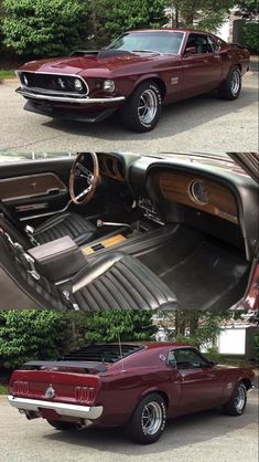 two pictures of an old car with the door open and the interior in different positions