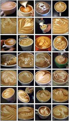 there are many pictures of different types of coffees in the same cupcake pan