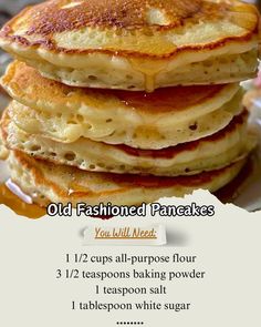 1 1/2 cups all-purpose flour\n3 1/2 teaspoons baking powder\n1 teaspoon salt\nMix flour, baking powder, and salt in a bowl. \nCombine wet ingredients in another bowl. \nMix both wet and dry ingredients together. \nMake a thick batter. \nHeat a non-stick pan over medium heat. \nCook until bubbles appear. \nFlip and cook the other side. \nEnjoy Your Pancakes!\n#PancakesRecipe #BreakfastRecipe #FoodLover #RecipeSharing Grandma's Recipes, Grandmas Recipes, Buttermilk Pancakes, Bread Recipes Homemade, Pancake Recipe, Breakfast Dishes