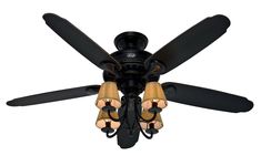 a black ceiling fan with four light bulbs on it's blades and two wooden arms