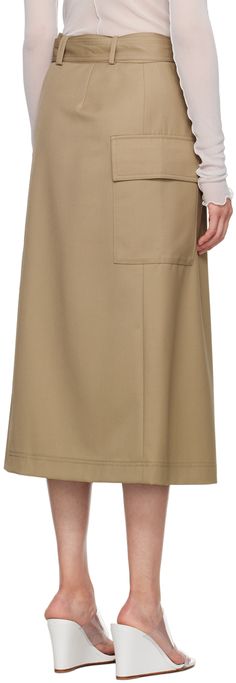 Wool-blend twill skirt. Pleats throughout. · Wrap construction · Belt loops · Integrated pin-buckle belt · Zip closure at side seam · Flap pocket at side seam · Full satin lining Supplier color: Tan Beige Cargo Skirt With Pockets For Work, Workwear Skirt With Patch Pockets And Relaxed Fit, Spring Workwear Belted Cargo Skirt, Beige Skirt With Pockets For Workwear, Belted Midi Skirt, Skirt Draping, Twill Skirt, Tan Belt, Tan Body