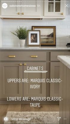 an image of a kitchen with white cabinets and gold trim on the bottom cabinet doors