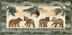 three bears and two cubs are depicted in this quilted wallhange with pine cones on them