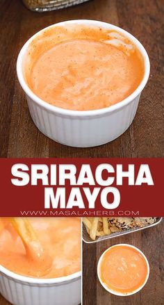 this is an image of sriraca mayo in a white bowl with the title above it