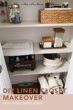 an open closet with towels, toiletries and other items on shelves that are labeled diy linen closet makeover