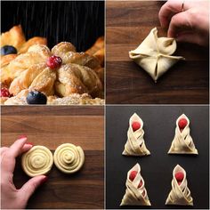 four pictures showing different types of pastries, including croissants and fruit