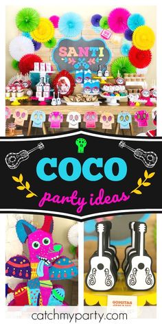 an image of a party with colorful decorations and decorations on the table for coco party ideas