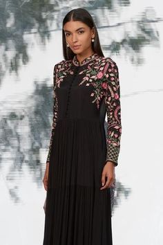 Shop for Mandira Wirk Black Chiffon Embroidered Tiered Dress for Women Online at Aza Fashions Black Georgette Dress With Intricate Embroidery, Black Silk Dress With Resham Embroidery, Traditional Silk Ruffle Dress, Traditional Silk Dress With Ruffles, Black Embellished Georgette Dresses, Black Embroidered Silk Dress, Mandira Wirk, Black Chiffon, Embroidered Neckline