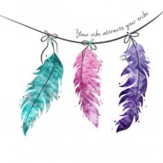 three watercolor feathers hanging on a string with the words you wish attract your wishes