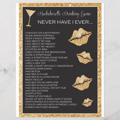 bachelor party game with gold glitter lips and champagne glasses on the side, in front of a black background