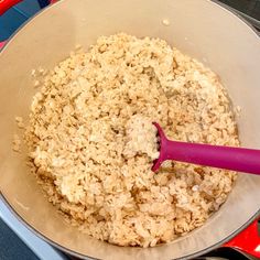 a bowl filled with rice and a pink spatula