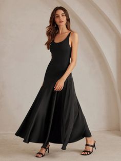 Negro Casual Collar sin mangas Tela tejida Liso A línea Embellished Estiramiento medio Black Spaghetti Strap Dress, Black Spaghetti, Black Spaghetti Strap, Spaghetti Strap Dress, Long Black Dress, Women Long Dresses, Inspiration Mode, Strap Dress, Spaghetti Strap Dresses