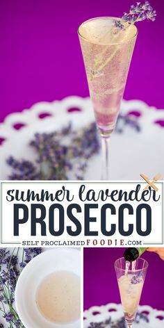 a collage of photos with the words summer lavender prosecco