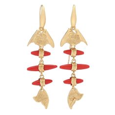 Make a bold and beautiful statement on your lobes with these 2.5" fish drop earrings from Bello. They're finely crafted in 18K yellow gold plated sterling silver with intricate details and a gorgeous satin finish. Adding a splash of color are red reconstituted coral spools. You'll love the playful movement as they frame your face in eye-catching style. It's a perfect way to show off your fun and whimsical side. The French hook backs make them easy to place on and take off. Gold Fish-shaped Earrings, Gold Fish-shaped Pierced Earrings, Elegant Gold Fish-shaped Earrings, Coral Fish, Mens Gold Jewelry, Italian Jewelry, Bold And Beautiful, White Mark, Fashion Sale