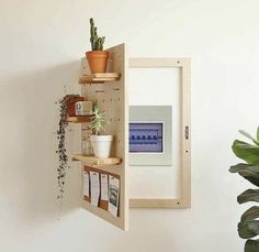 a shelf that has some plants on top of it and pictures hanging from the wall