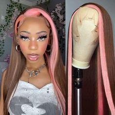 Highlights Skunk, Baddie Wallpaper, Curling Straight Hair, Skunk Stripe, Girly Hairstyles, Pink Streaks, 13x4 Lace Front Wig, Blonde Streaks, Hd Lace Wig