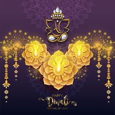 happy diwali festival with golden flowers and gandap on purple background royalty illustration