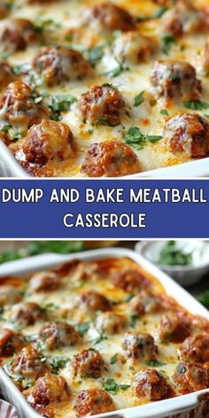 two pictures of baked meatballs in a casserole dish with cheese and parsley