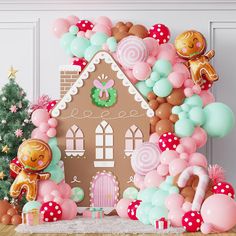 a gingerbread house is surrounded by balloons and decorations