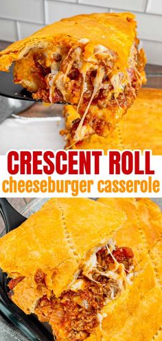 a cheeseburger casserole is cut in half