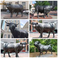 four pictures of the same bull statue