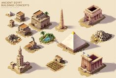 the ancient egypt buildings and monuments are depicted in this set of low polygonics