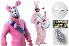 two people in bunny costumes with masks on and one person holding a drum, the other wearing a mask