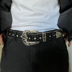 y2k 2000s rhinestones detailing, with silver metal crosses grunge Vegan Leather belt Style: Grunge/Emo Unisex! Super slick and high quality material One size fits most 44" L  1.5" W brand new Rhinestone Belt Outfit, Belts Outfits, Rhinestone Things, Black Belt Outfit, Bedazzled Belt, Grunge Belt, Belts Aesthetic, Metal Crosses, Goth Belt