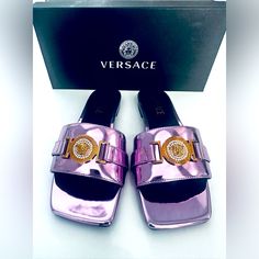 Light Purple Bought At Versace In Florida Square Toe Tiny, Tiny And Perfection At The Tip Of The Shoe I Saw Have Not Worn Retail 900 Great Deal I Wear 4 1/2 Too Big On Me Luxury Purple Open Toe Sandals, Elegant Purple Sandals With Branded Heel, Designer Purple Sandals For Formal Occasions, Designer Purple Open Toe Heels, Luxury Purple Evening Sandals, Luxury Purple Closed Toe Heels, Designer Purple Open Toe Sandals, Luxury Flat Sandals For Party, Luxury Round Toe Purple Sandals