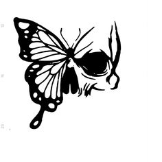 a black and white drawing of a skull with a butterfly on it's head