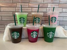 six starbucks drinks are lined up on a table with the words order by the 20th to receive by the 24th