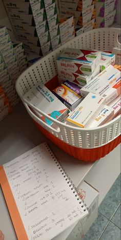 a basket filled with lots of different items next to a pile of notes and pens