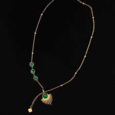 Introducing the Broussard necklace, a celebration of family and style. Made from 16 inches of gold plated stainless steel, this necklace boast a s sunburst design, adorned with a gold medallion and vibrant malachite stones. Named in hour of a cherished family, the Broussard Necklace merges sentimental value with timeless sophistication. Wear this pieces as a symbol of the warmth and connection that family brings, carry with beauty of shared memories and treasured moments. Elevate your style with Elegant Green Stainless Steel Necklace, Green Gold-plated Charm Necklaces With Adjustable Chain, Green Stainless Steel Necklace Gift, Green Stainless Steel Jewelry With Adjustable Chain, Gold Medallion, Malachite Stone, Gold Plate, Plating, Stainless Steel