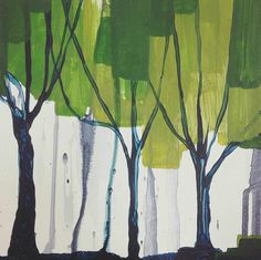 an abstract painting of trees with green leaves