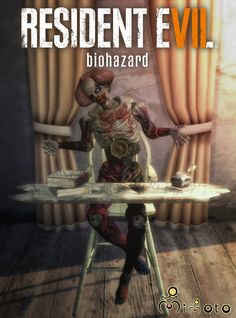 the resident evil biohazard character is sitting at a table