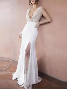 White Formal Gowns, Party Dresses With Sleeves, Lace Mermaid Dress, Womens Sheath Dress, Dress Sleeve Length, Dress Occasion, Evening Party Dress, White Wedding Dresses, Mermaid Dress