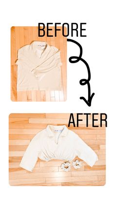 the before and after photo of a white shirt on top of a wooden floor with text overlay