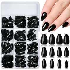 PRICES MAY VARY. High-Quality Press-On Nail Kit：360pcs short almond black fake nails with design in 12 different sizes, 5pcs adhesive tabs,,1pc 100/180 grit nail file,2 tube nail glue,1pc wooden stick. No matter the size or width of your nails, you can choose the most suitable false nails for yourself. Fake nails can be customized into any length and shape you like,Short almond glue on nails are great gift idea for women girls. All supplies for multiple applications are included in an affordable starter nail kit. 30 Nails in 12 Sizes: 360pcs full cover short black almond press on nails in 12 sizes( in a transparent plastic box with 12 grids. Each grid packed 30pcs false nails with glue in 12 different sizes).Glossy natural black color almond nails seamlessly match any skin tone.Professiona Fake Nails Black, Nail Almond, Black Almond Nails, Nails Press Ons, Natural Looking Nails, Almond Press On Nails, Black Glue, Basic Nails