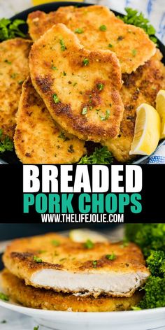 this is an image of breaded pork chops with broccoli and lemon wedges