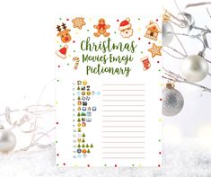 a christmas themed printable is shown next to ornaments