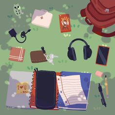 an image of various items that are on the ground in front of a backpack and cell phone