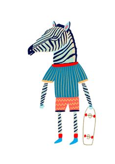 a drawing of a zebra wearing shorts and holding a skateboard in his hand,