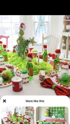 the grinch christmas table is set up with green and red plates, napkins, candy