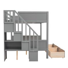 a gray bunk bed with stairs and drawers