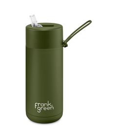 the khaki green water bottle has a straw in it