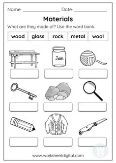 the worksheet for describing materials and their names in english or spanish, which includes pictures