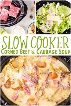 slow cooker corned beef and cabbage soup in a cast iron skillet with the title above it