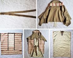 four pictures of different types of clothing and accessories, including an apron, jacket, pants, and belt